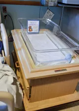 A baby basinet next to a bed